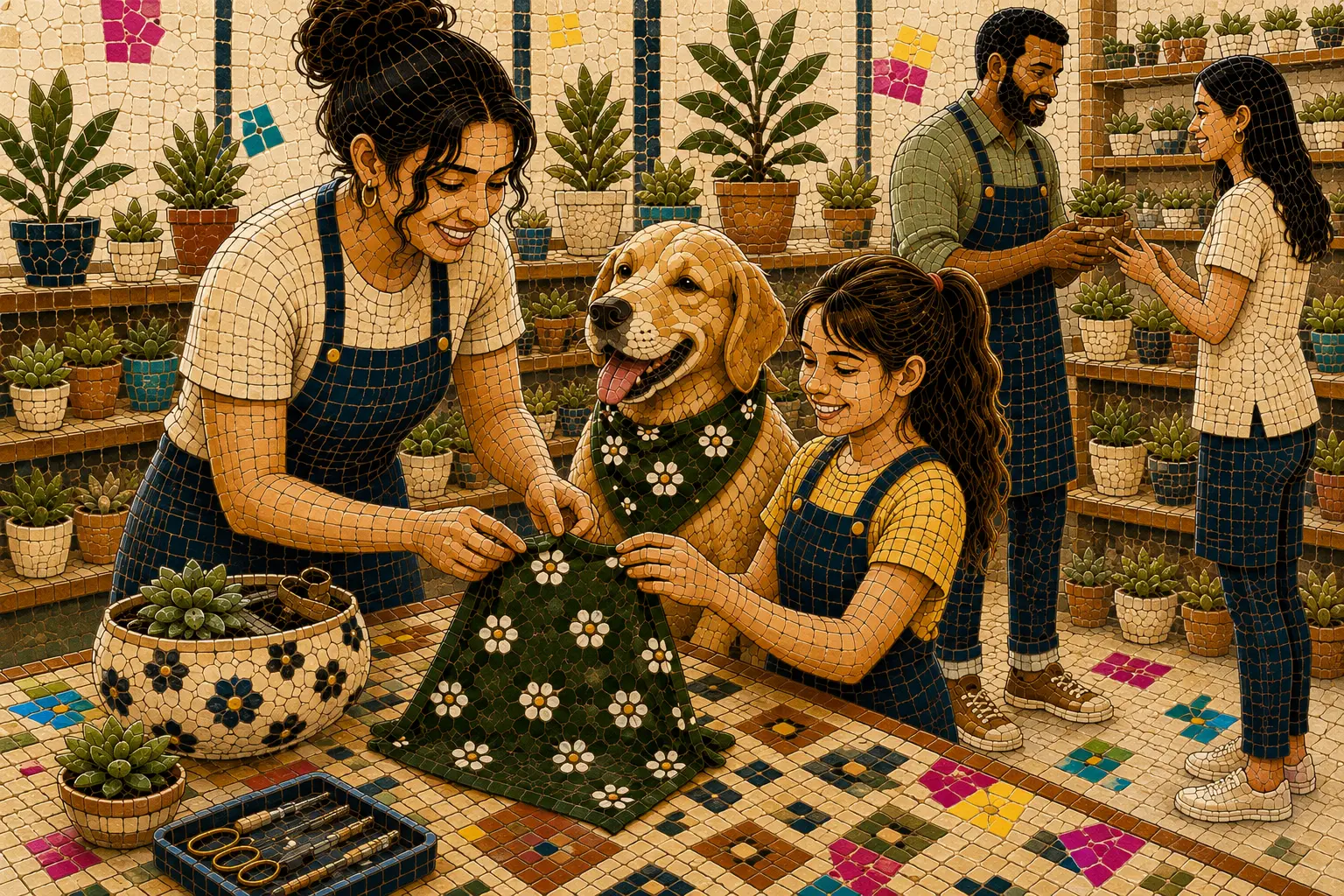 A mosaic scene of a maker showing a hand-sewn piece to a customer inside a neighborhood plant shop