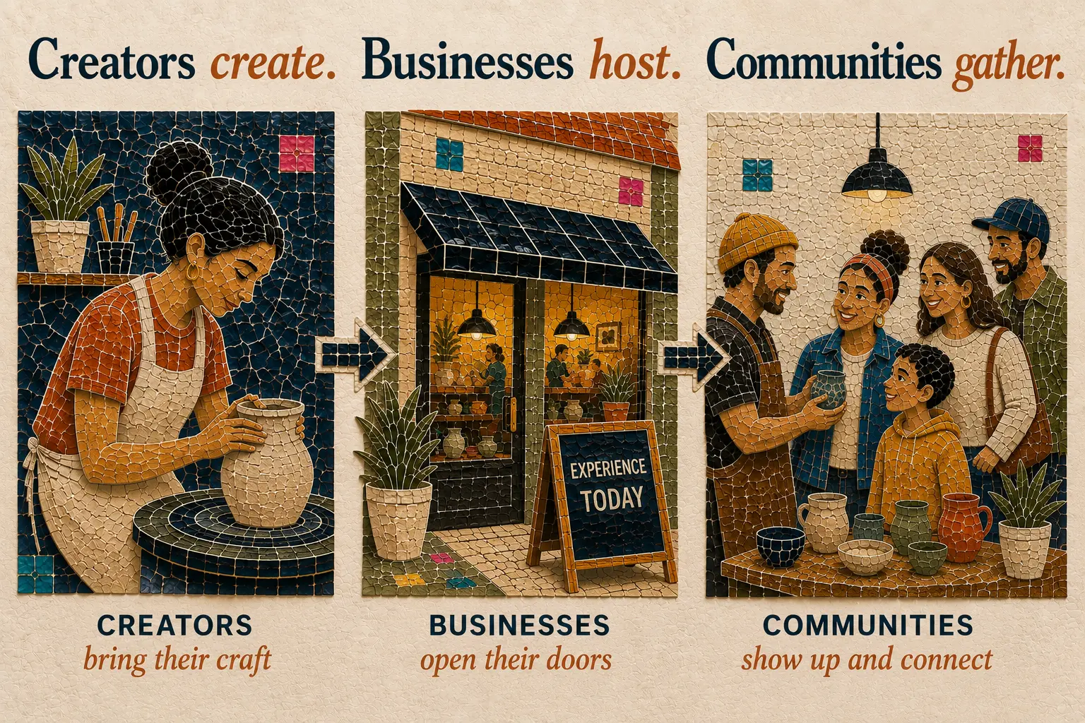 A mosaic triptych: creators bring their craft, businesses open their doors, communities show up and connect
