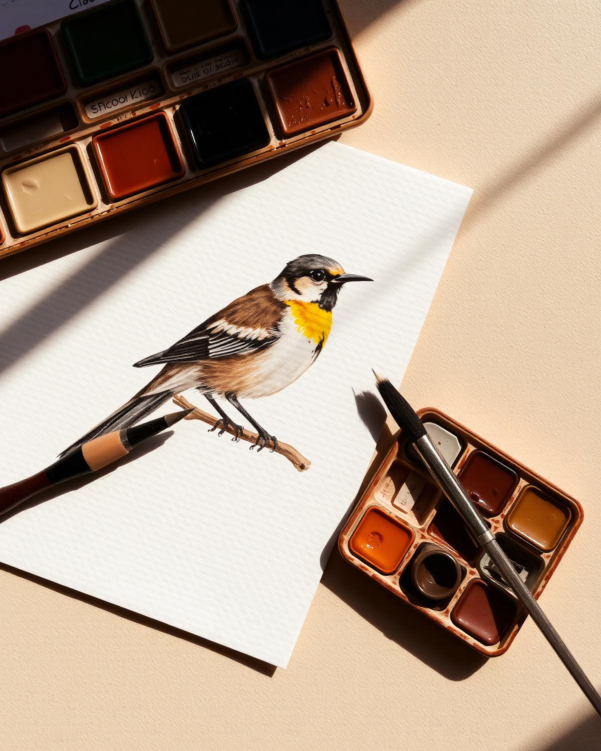 Close detail of a watercolour songbird beside a palette of earth-tone paints