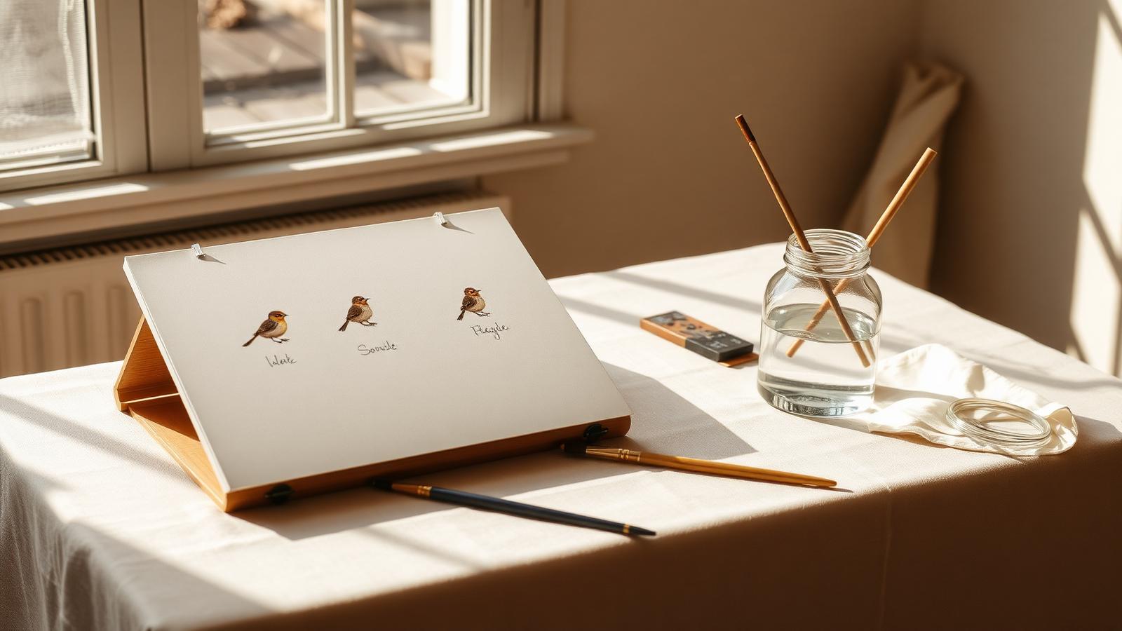A sunlit table with watercolour songbird studies drying beside brushes and a jar of water