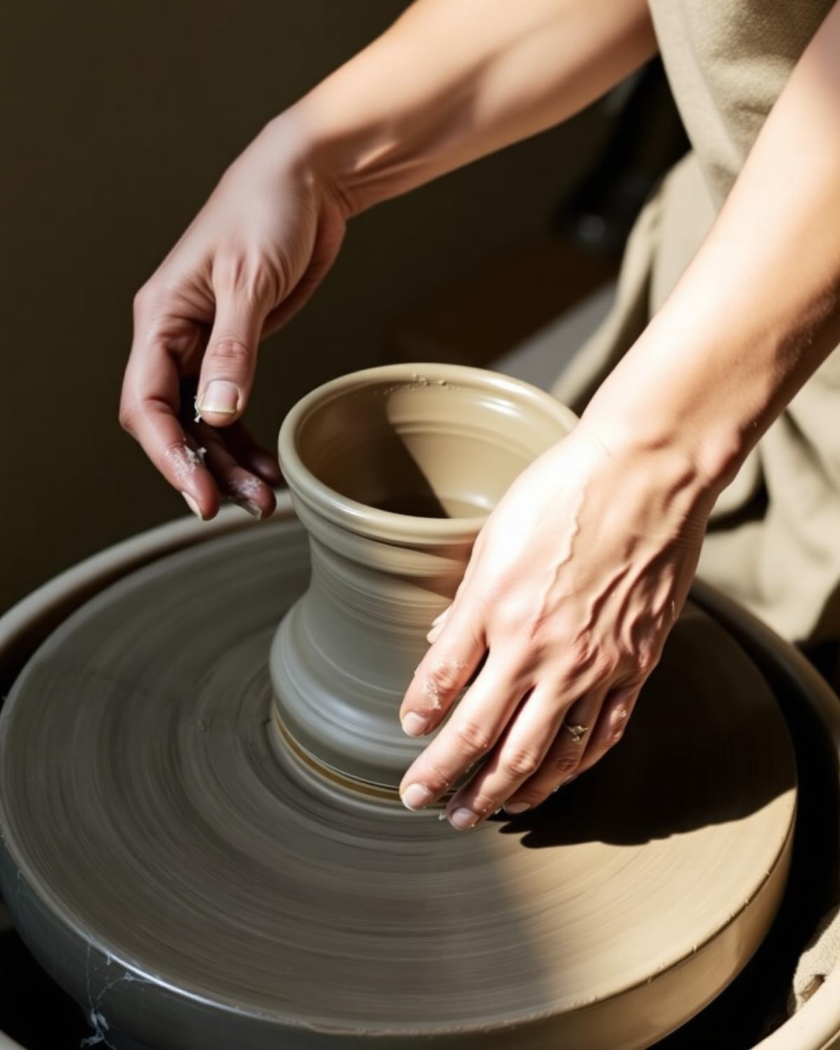 A potter's clay-covered hands shaping a stoneware vessel on the wheel