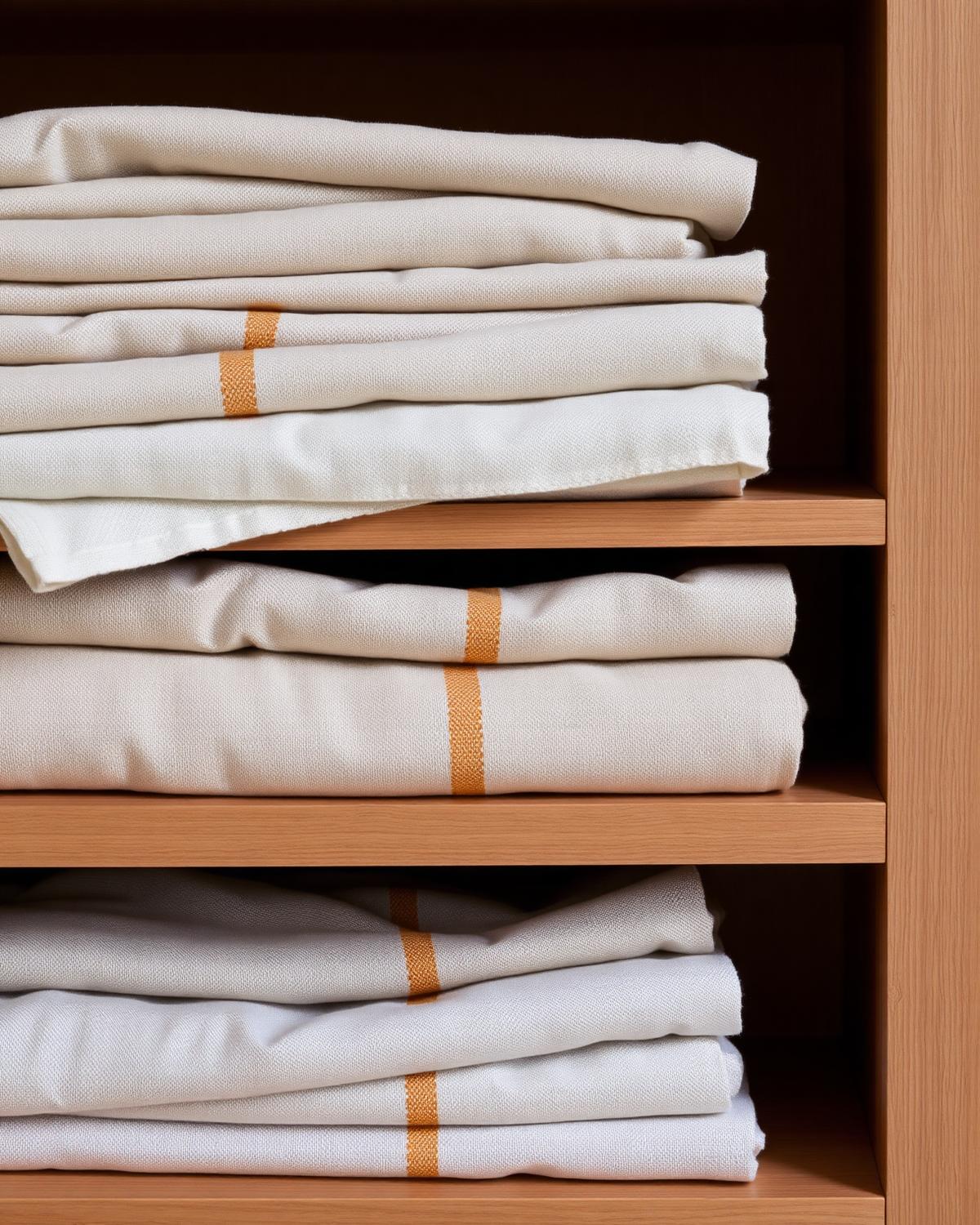 Folded hand-woven linen textiles stacked on a wooden shelf