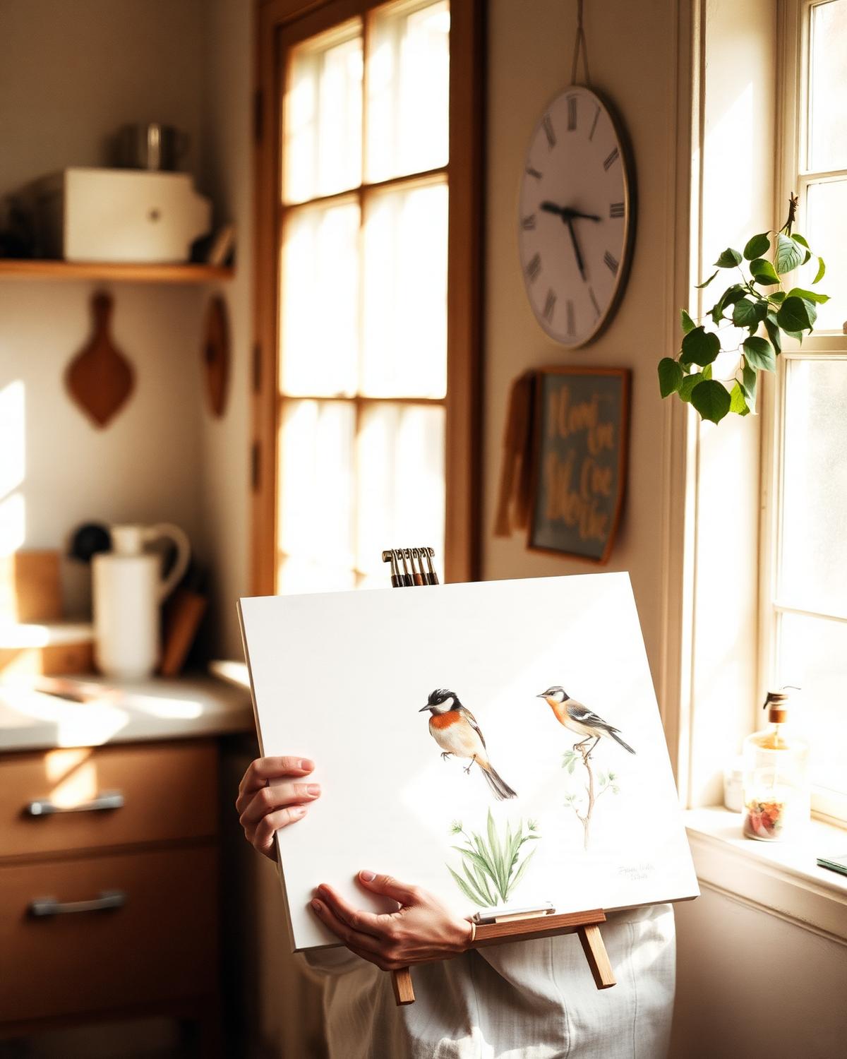 The artist holding a finished watercolour songbird study in a sunlit kitchen