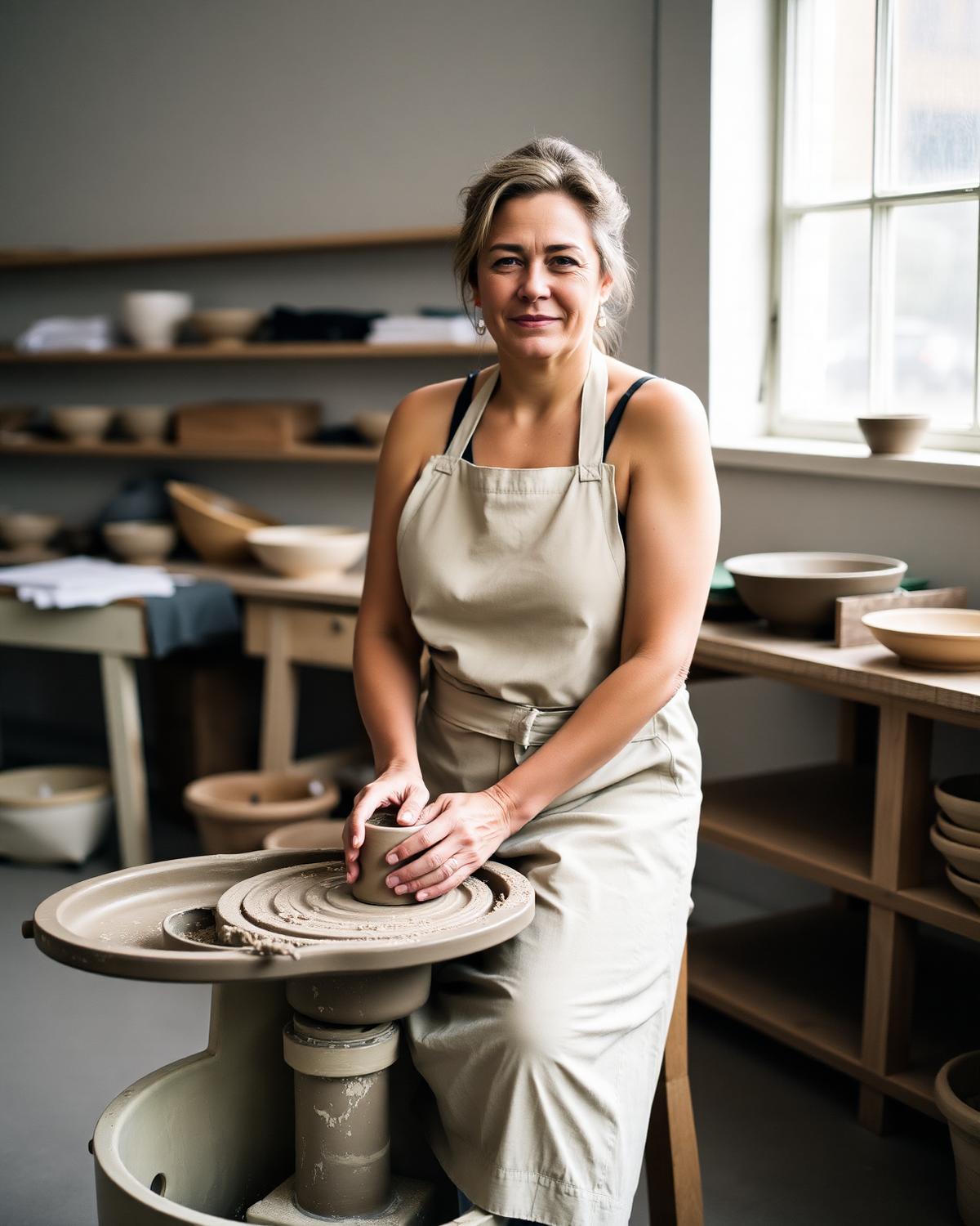The ceramicist at the wheel in a shared studio, shaping a small stoneware vessel