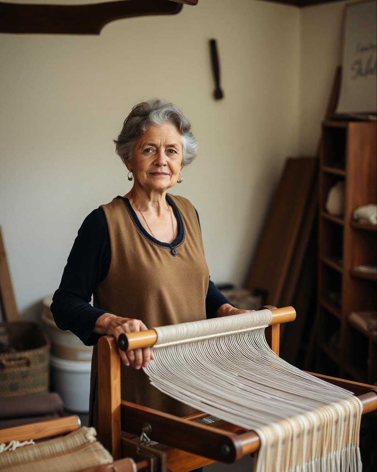 The weaver standing beside a table loom strung with ivory warp threads